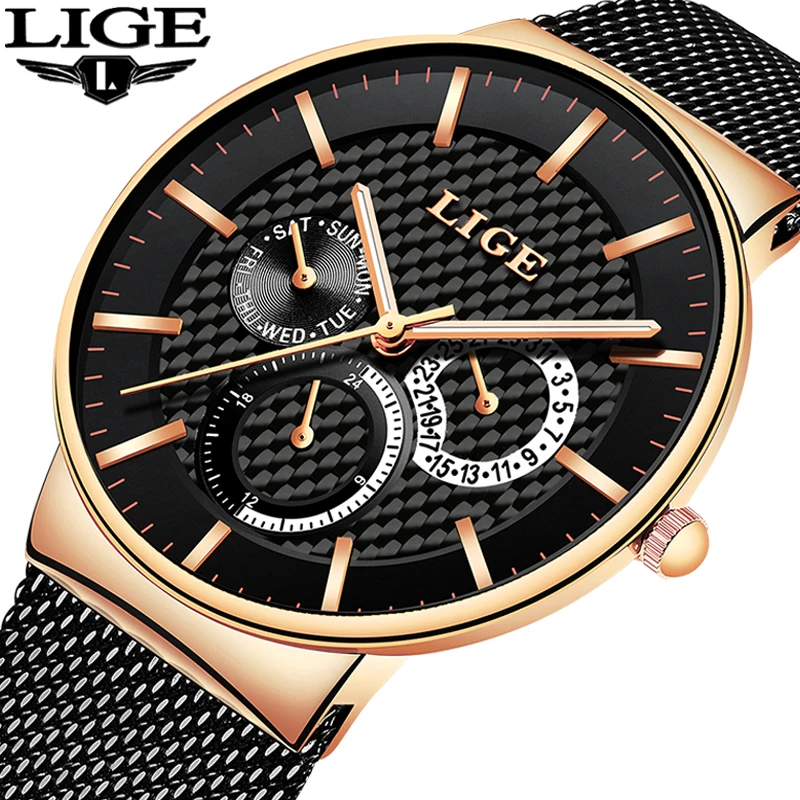 

LIGE Mens Watches Top Brand Luxury Quartz Watch Men Casual Slim Mesh Steel Date Waterproof Sport Watch Gold Relojes Hombre 2019