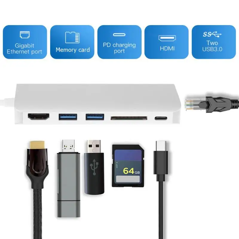 

ALLOYSEED 6 in 1 USB 3.1 HUB Type C to HDMI USB 3.0 RJ45 SD TF Type C Adapter Converter Cable USB HUB for Laptop Notebook PC