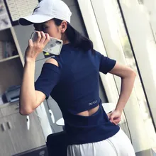 Летний Для женщин пикантные короткий рукав с открытыми плечами Йога рубашка Спорт Бег спинки выдалбливают Топы корректирующие Фитнес тренажерный зал майка спортивная