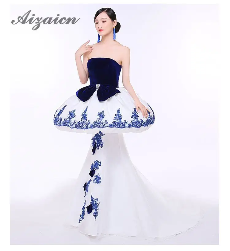 Blanc фарфор Cheongsam Роскошные Длинные вечерние платья мода показывает шлейфом Традиционный китайский Свадебные Китай 15 стиль