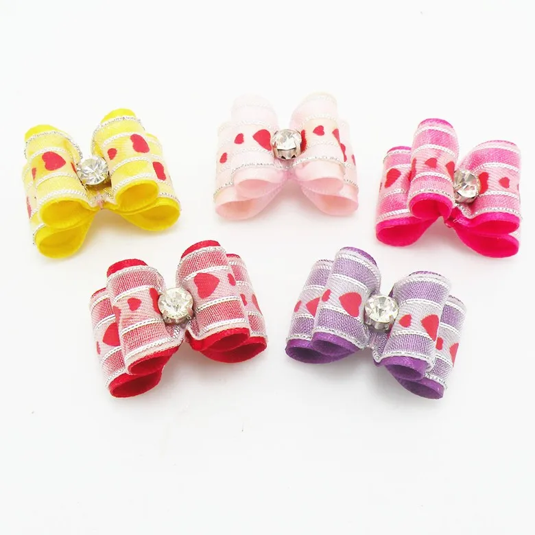 

Valentine's dogs hair bows 100pcs Love Gril Bows with Rhinestone Rubber Bands Pet Dog Hair Bows Pet Dog Grooming Accessories
