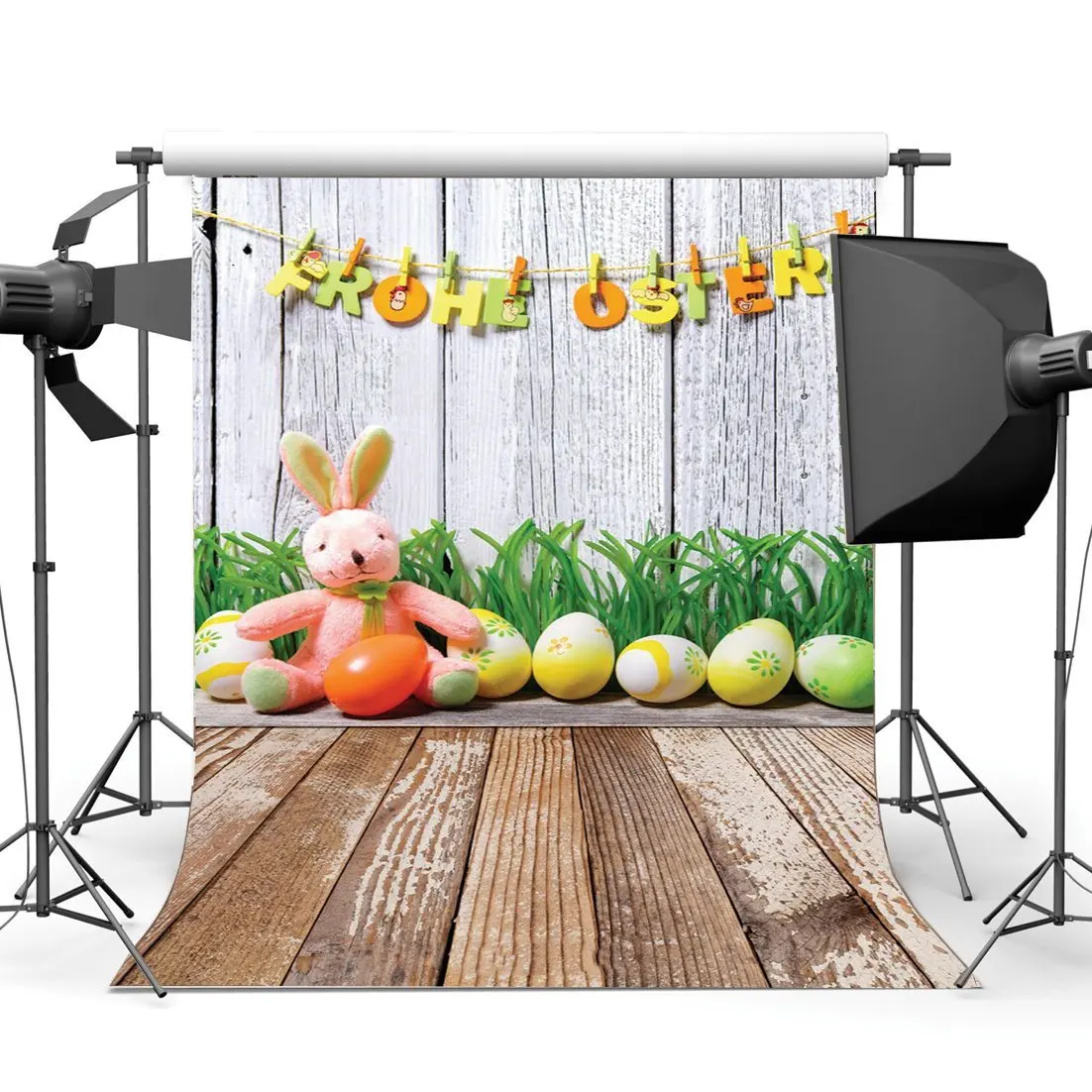 

Happy Easter Bunny Backdrop Painted Eggs Green Grass Shabby Stripes Wood Plank Nature Spring Frohe Background