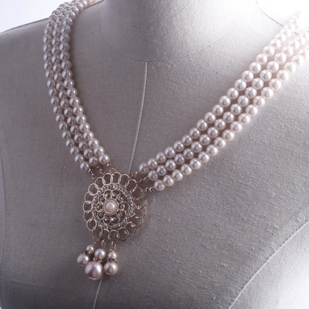 Многослойное розовое жемчужное ожерелье, золотой кулон-венок, свадебные аксессуары для невесты, свадебный подарок