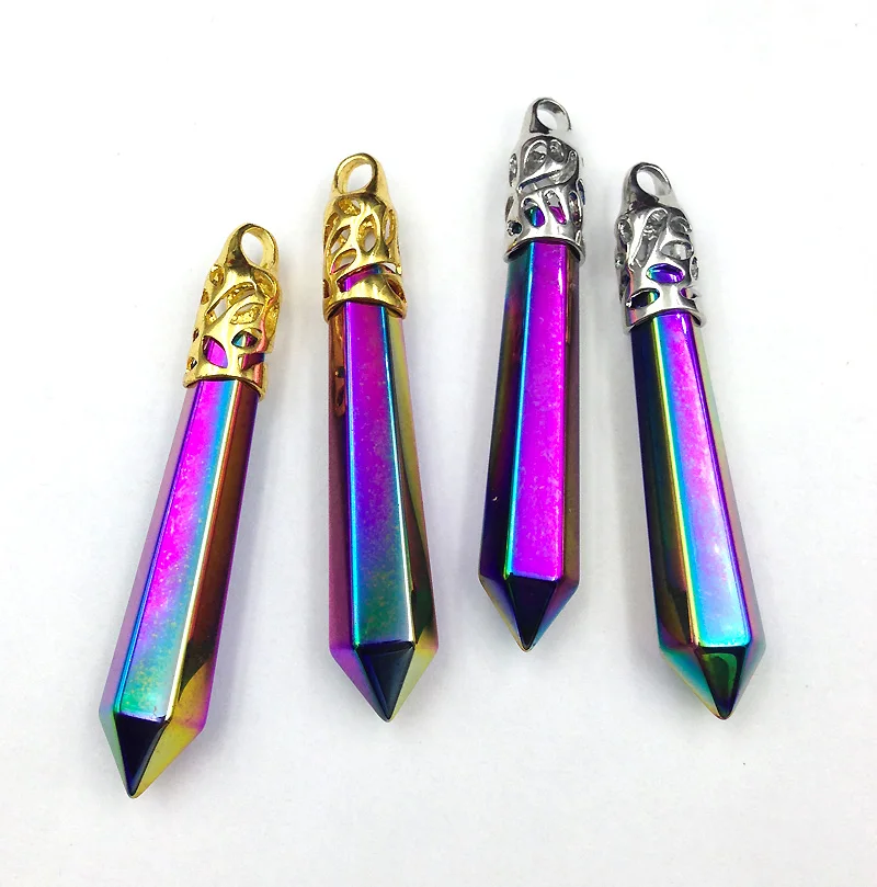 

YA2417 Titanium Rainbow Stone Point Pendant Gold bail 64x10mm