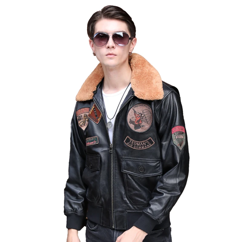 Buy 2018 Men Black Genuine Pilot Leather Jacket Wool