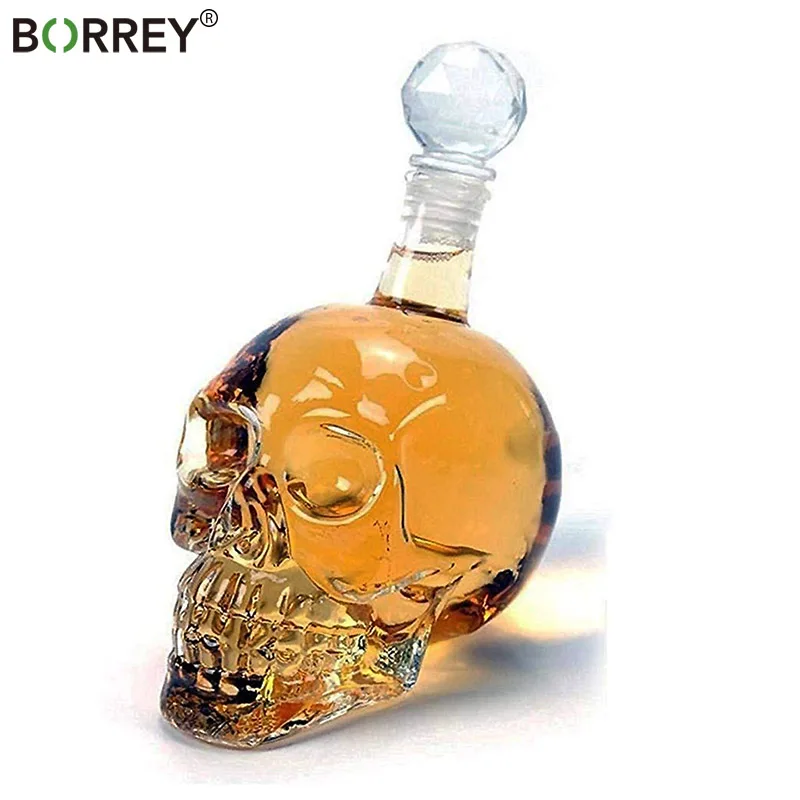 

BORREY 1000Ml Skull Whiskey Glass Flagon Vodka Flask Borosilicate Glass Flask Wine Bottle With Stopper Skull Drinking Glass jug