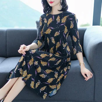 

Spring Women Fashion Vintage Print Dress Leaf Pattern Loose Causal A Line Elegant Dress