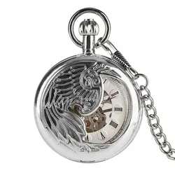 Механические карманные часы для мужчин, серебряные перо резьба карманные часы для мальчиков, серебряный циферблат толстая цепь мужские