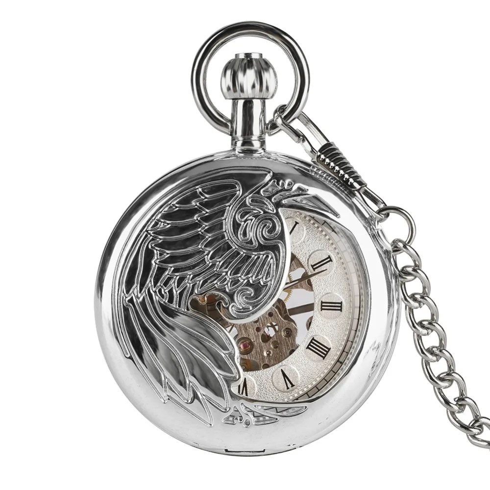 Mechanical Pocket Watch for Man, Silver Feather Carving Pocket Watches