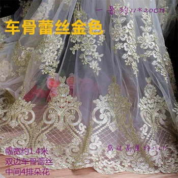 

2MX135cmGold Flower Mesh Embroidery Lace Cording Fabric Cheongsam Performance Fabric Tulle Embroidery Fabric LJ0089