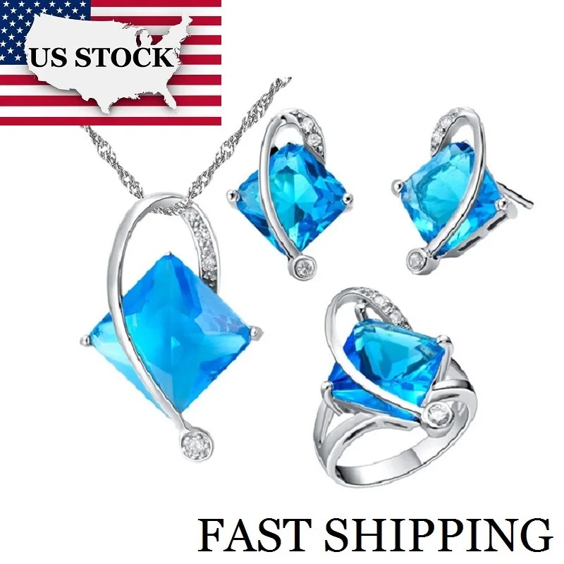 USA STOCK Uloveido 5 Colors Wedding Jewelry Set Blue Crystal Jewelry