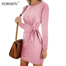 NORMOV, vestido Vintage con cuello redondo y lazo de cintura alta, vestidos ajustados con lazo, vestido Midi de manga larga para mujer, 2019