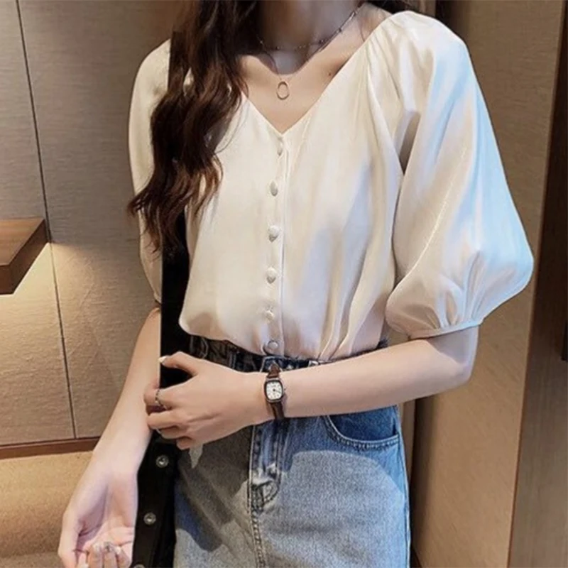 New Plus Size Women Sleeve Loose Blouse Casual Shirt Summer Chiffon Yellow White Red Button Shirts Tops