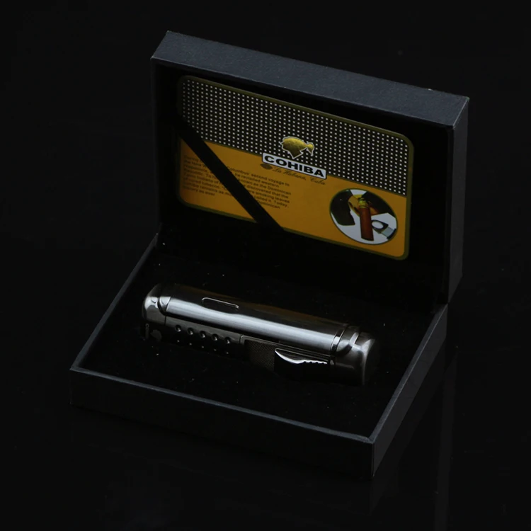 COHIBA многоразовые газовые зажигалки с бутаном 4 фонарь, металлическая сигаретная зажигалка, струйный огонь, фонарь с сигарой, подарочная коробка