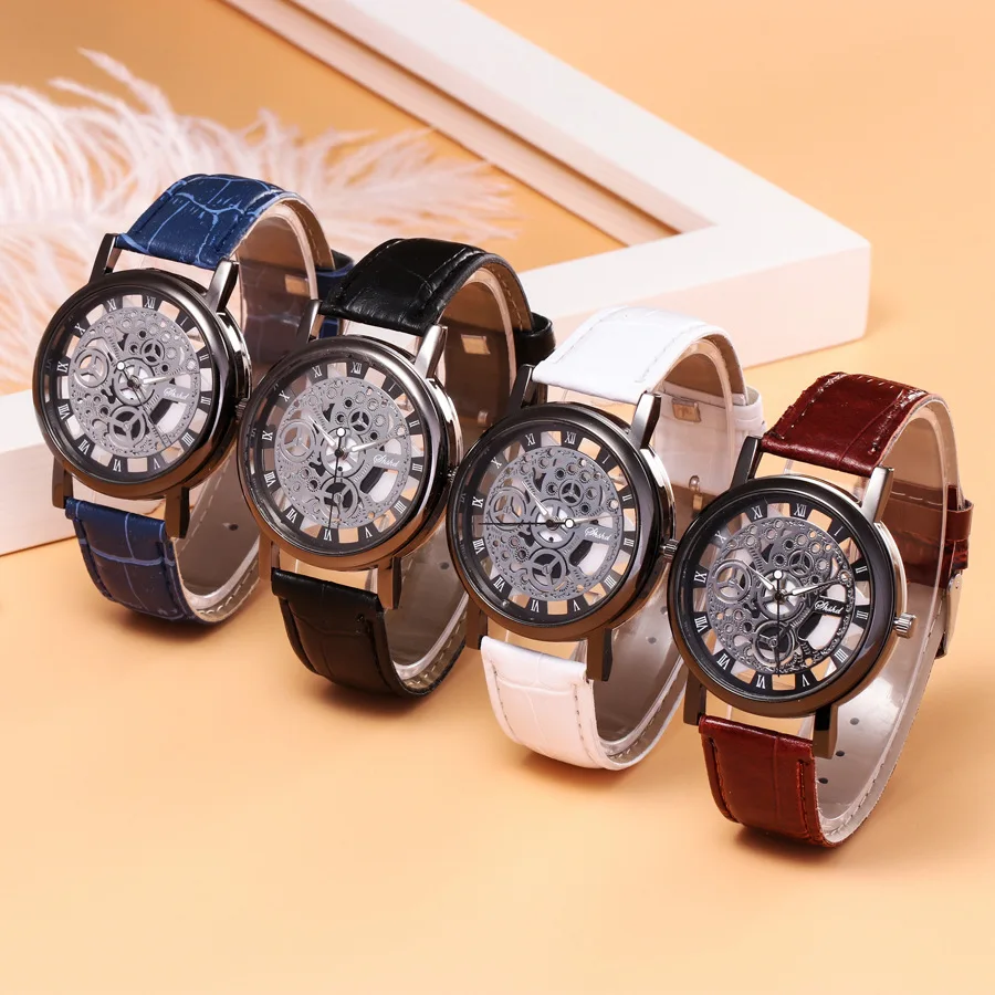 

Fashion Business Hollow Skeleton Watch Men Engraving Hollow Dress Quartz Wristwatch Leather Band Women Clock