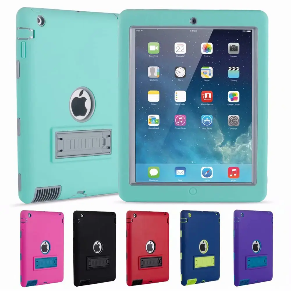 

For iPad 2 3 4 Rugged Tablet Case Cover Kids Baby Safe Armor Shock-Absorption Heavy Duty Silicone+PC Hard Case With Kickstand