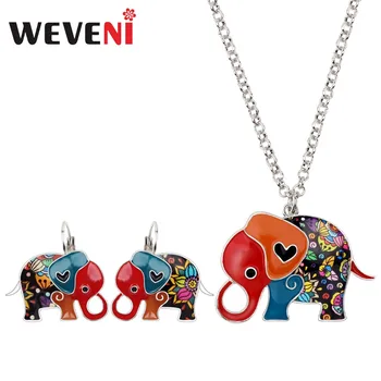 

WEVENI Enamel Alloy Cartoon Elephant Earrings French Clip Necklace Collar Animal Jewelry Sets For Women Girls Party Gift Bijoux