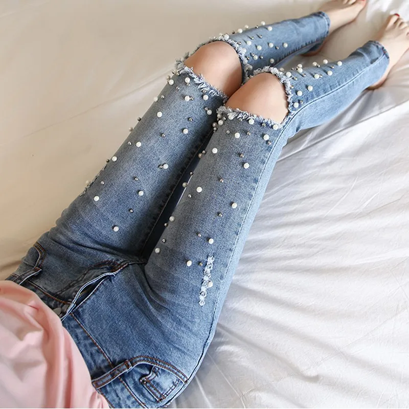 Jeans delle donne con Perline di Lavoro Manuale Perla Pantalones Vaqueros  Mujer Moda Foro Jeans Strappati Mamma New Burr Denim Femminile Pantaloni  Della Matita|jeans with|fashion women jeansjeans with beads - AliExpress