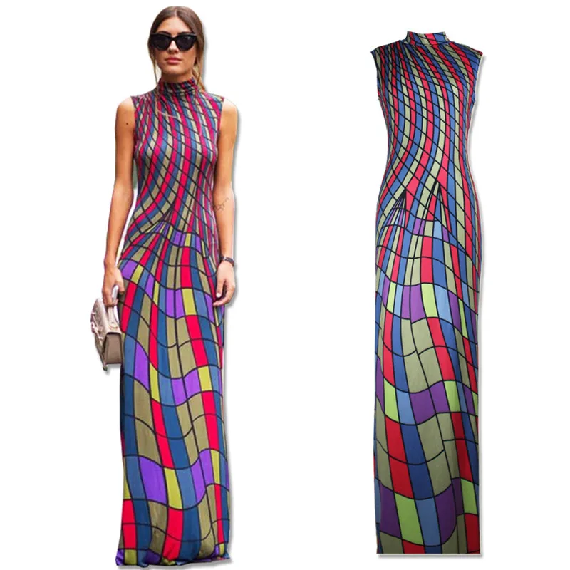 

Vestidos Vintage Dress Women New Design Sleeveless Tank Dresses Plaid Long Print Dress Turtleneck Spring Womens Maxi Dress