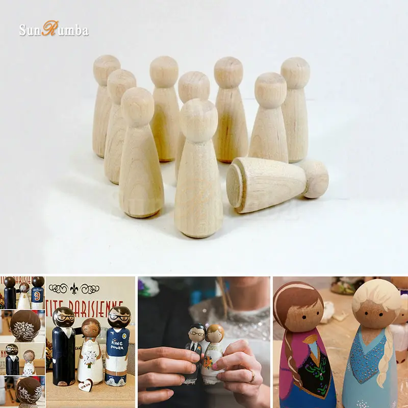

10pcs Wooden Unfinished DIY Craft Peg Dolls Wood DIY Toy Arts Sewing Crafts Girl Peg Doll Puppet Bases Cute Bobble Head Dolls