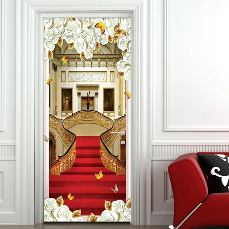 European Style Door Sticker 3D Stairs Red Carpet Wallpaper Living Room Hotel Home Decor Luxury Design Door Decals Wall Stickers