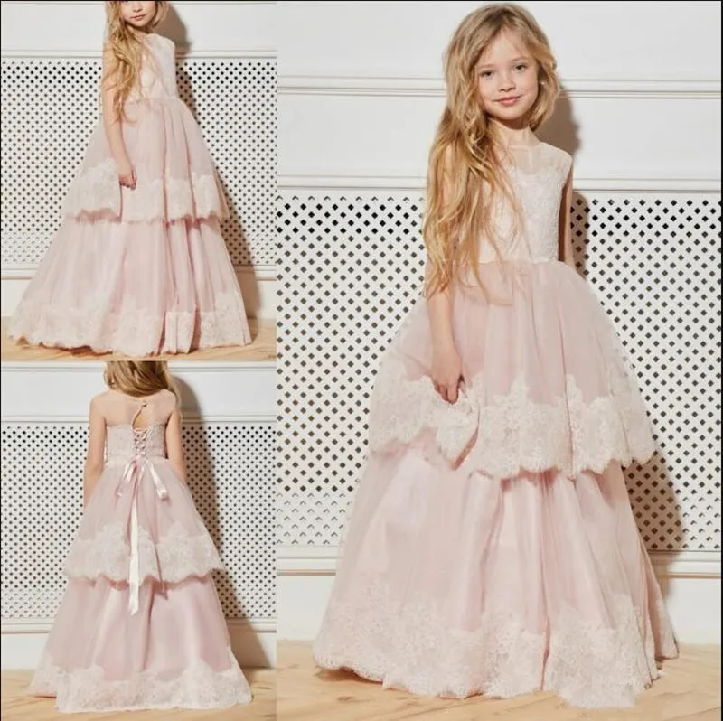 New Light Pink Tiered Flower Girl Dress with Lace Appliques Sheer Back Up High Quality Princess Customized For 2-14 Y | Детская одежда
