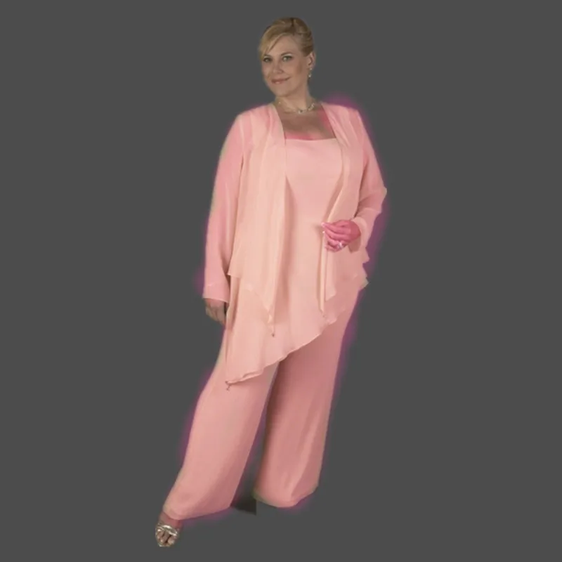

fast shpping in stock 3 pieces long sleeves chiffon pants pink plus size mother of the bride dresses with jacket