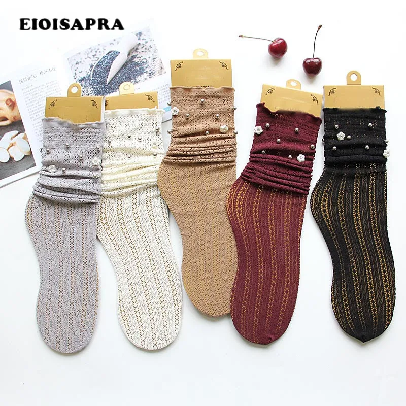 

[EIOISAPRA]Mesh Heap Heap Breathable Pearl Korean Fishnet Socks Women Japan Harajuku Reto Edge Sokken Candy Color Fashion Sox