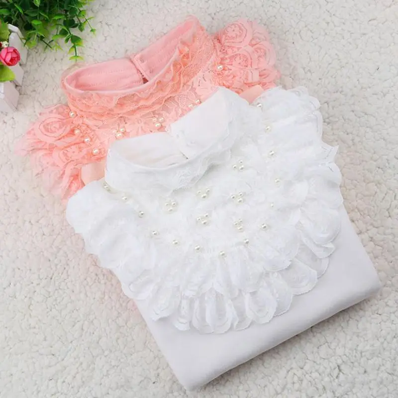 

New Spring Fall Baby Girls Blouse White Pearls Lace Clothes Child Cotton Long Sleeve Girl Shirt School Blouses Tops Kids JW2341