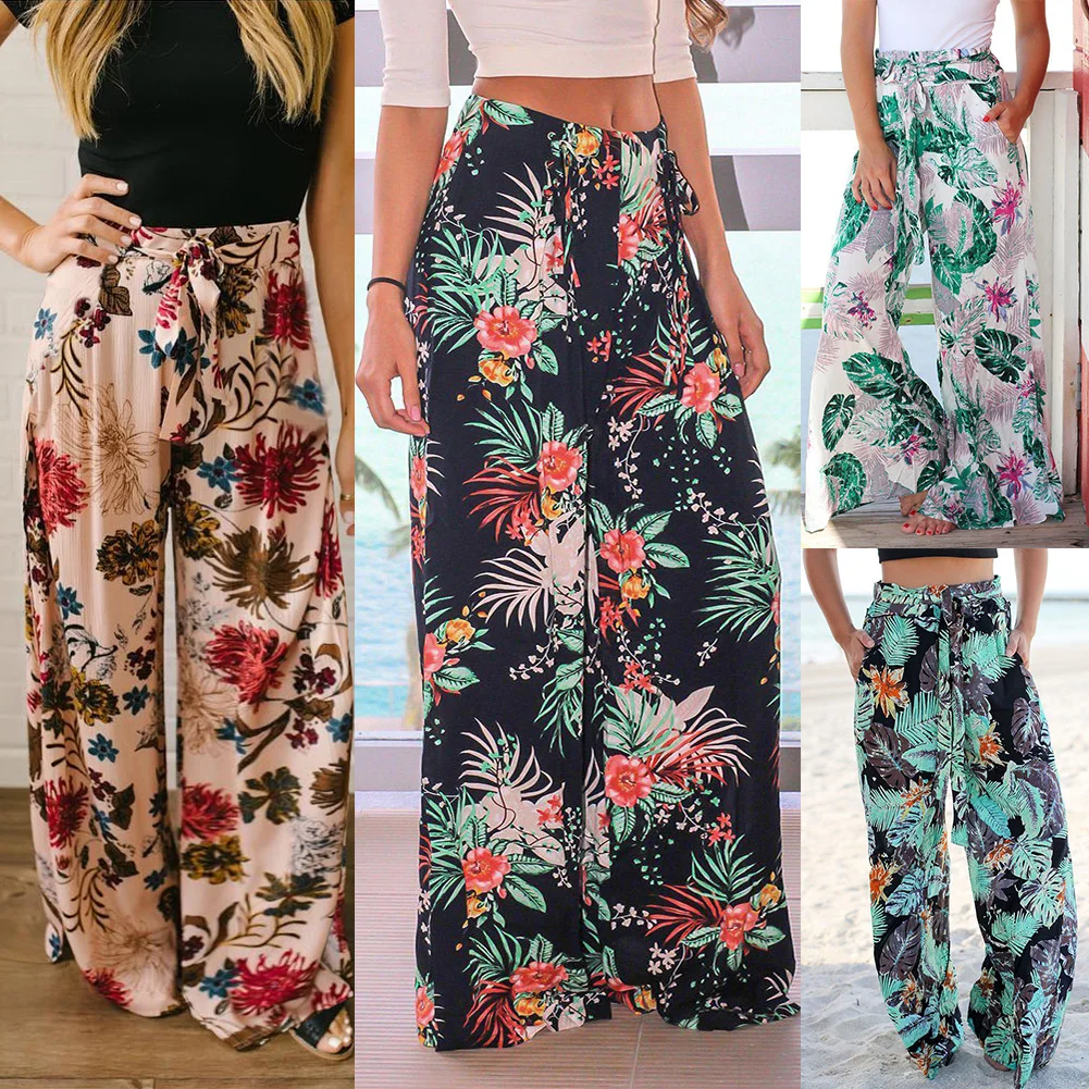Женские летние повседневные богемные широкие брюки с принтом в стиле ретро, широкие брюки с высокой талией, юбки, пляжные праздничные брюки