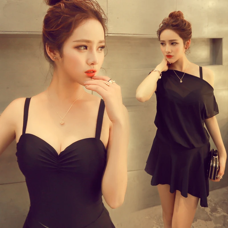 XARKE bathing suit women solid black sexy swimsuit light thin One-Piece suit Conjoined plain swimsuit spaghetti straps swimwear