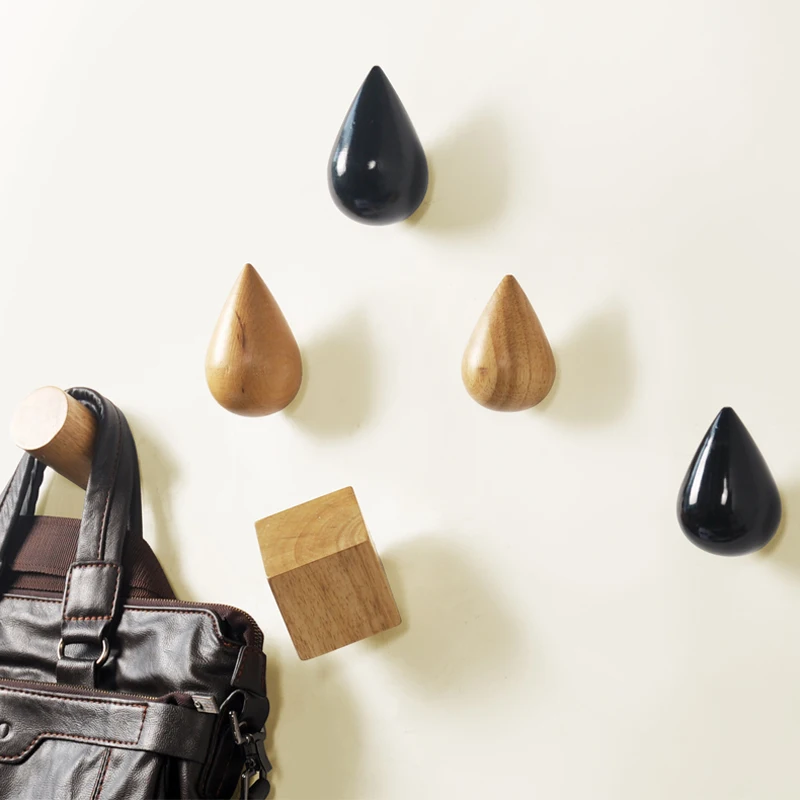 Solid Wood Clothes Hook and Caps Hanging Creative Clothes Hanging Hook on the Wall Water Drops Square Cylindrical Wall Hanging H