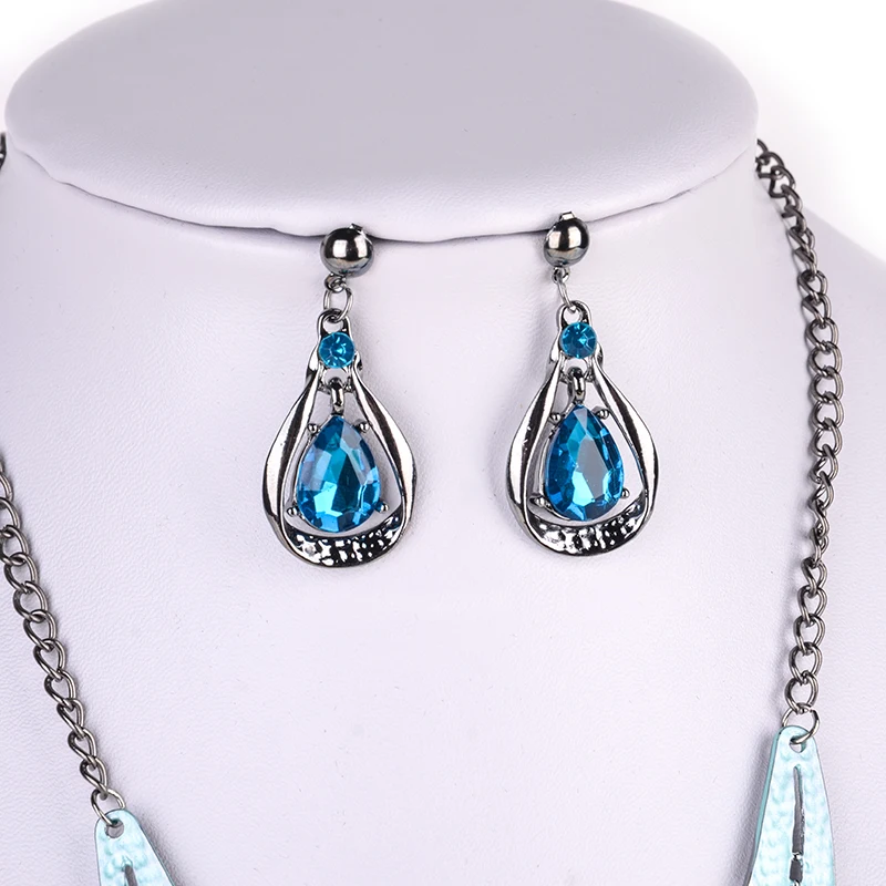 Austrian Crystal Jewelry Sets Fashion Blue Choker Collar Necklace dangle earring Jewellery Silver Plated Bridal Wedding Jewelry