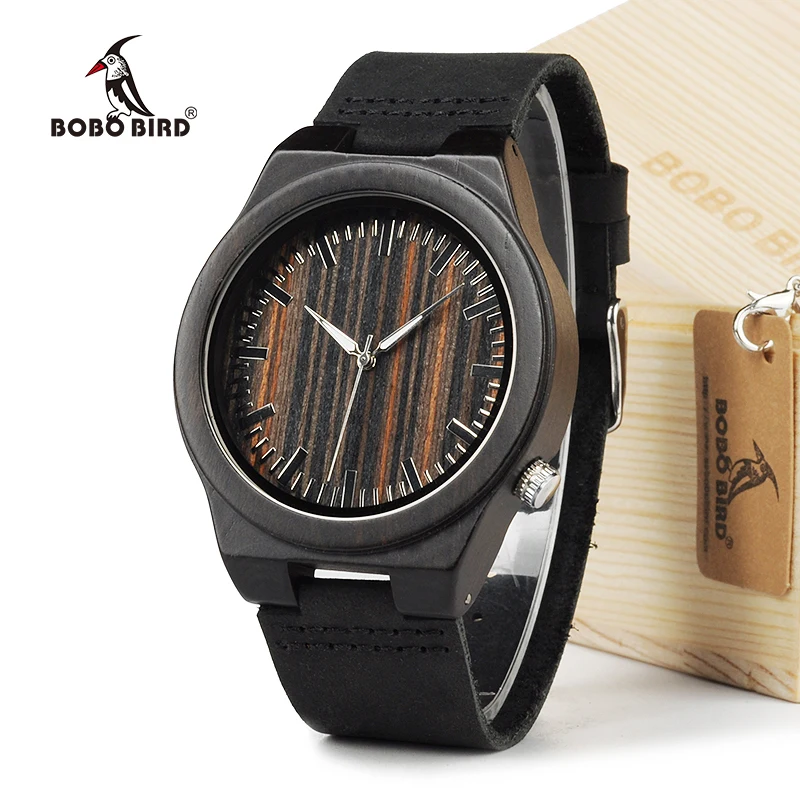 BOBO BIRD 100% Natural Ebony Wooden Bamboo Watches With Real Leather Casual Watches for Man In Gift Box