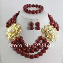Очаровательные нигерийские Африканские свадебные бусы, двойной золотой цветок, коричневый коралловый бисер, ювелирный набор,, CJ040