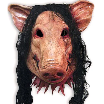

Halloween Party for Full Head Cosplay Costume Moive Tools Saw Adult Animal Scary Masks Pig Head with Black Hair Silicon Masks