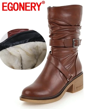 

EGONERY women fashion snow boots ladies buckle shoes good quality round toe 3 color black brown winter new style mid calf boots