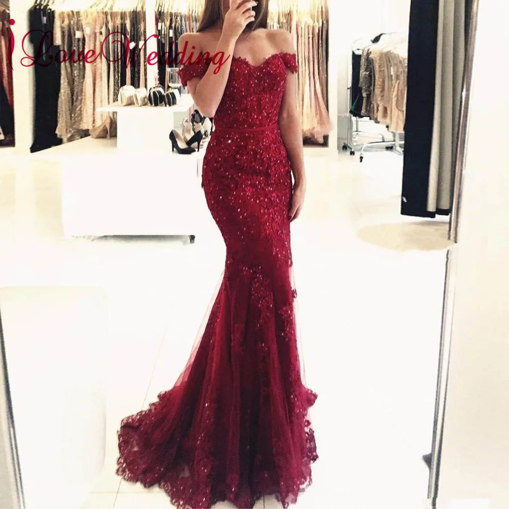 

2019 Evening Gown Off the Shoulder Wine Red Lace Applique Custom made Mermaid Lace Elegant Women Evening Dresses Long