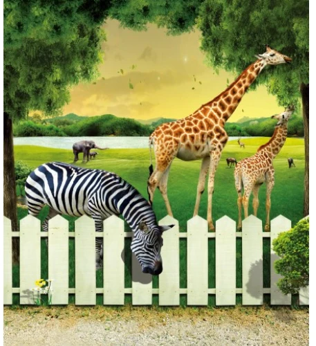 

10x10FT Animals Zoo Giraffe Zebra Elephants Safari Grassland Fence Custom Backdrop Photo Studio Background Vinyl 300cm x 300cm