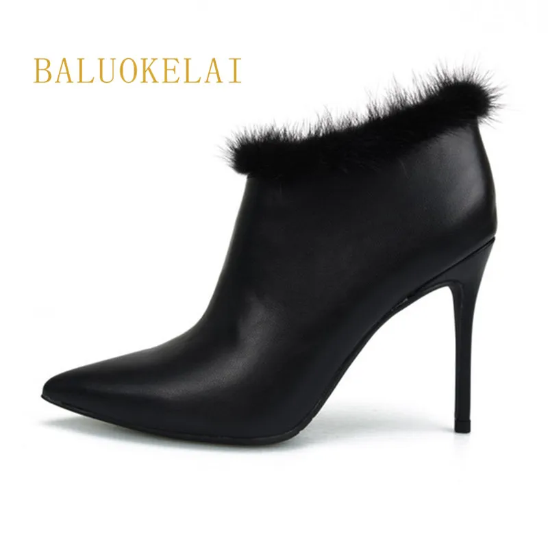 

Boots Autumn Stiletto 10CM Thin High Heels Pointed Toe PU Leather Zipper Style Sexy Ankle Womens Boots with Rabbit Fur ,K-024