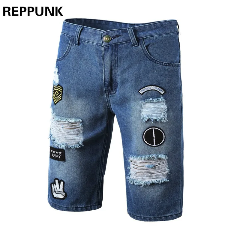Мужские шорты REPPUNK эластичные джинсы с дырками и вышивкой 2018|Джинсы| |