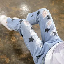DFXD 2018 Spring Autumn New Arrival Teen Girls Star Print Straight Light Blue Ripped Jeans Pants Children Cotton Pants 3-14Years