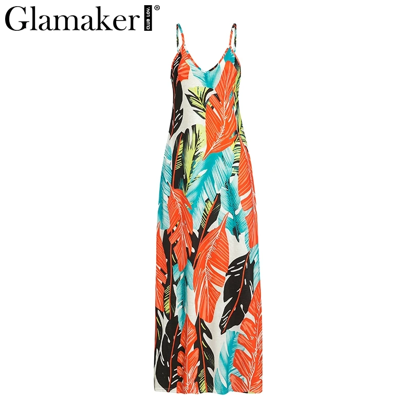 Glamaker Boho leaf print длинное балахон длинное платье Женский Галстук-окрашивание пляжное платье с полосками элегантное женское летнее ретро Макси платье