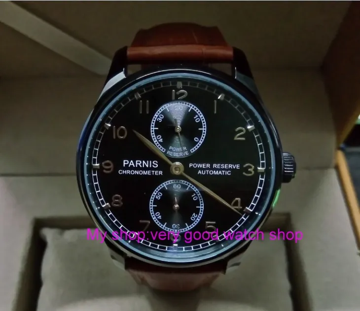

43mm PARNIS power reserve Automatic Self-Wind Mechanical movement men's watch Black dial PVD case Mechanical watches zdgd100a