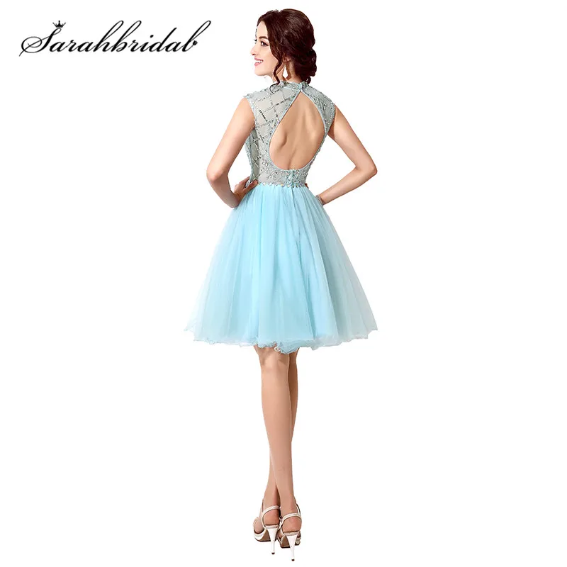 Beste Jeugdige Sky Blue Cocktail Jurken 2019 Fall Winter Crystal Lovertjes Backless Tulle A lijn In Voorraad Homecoming Jurken SD199