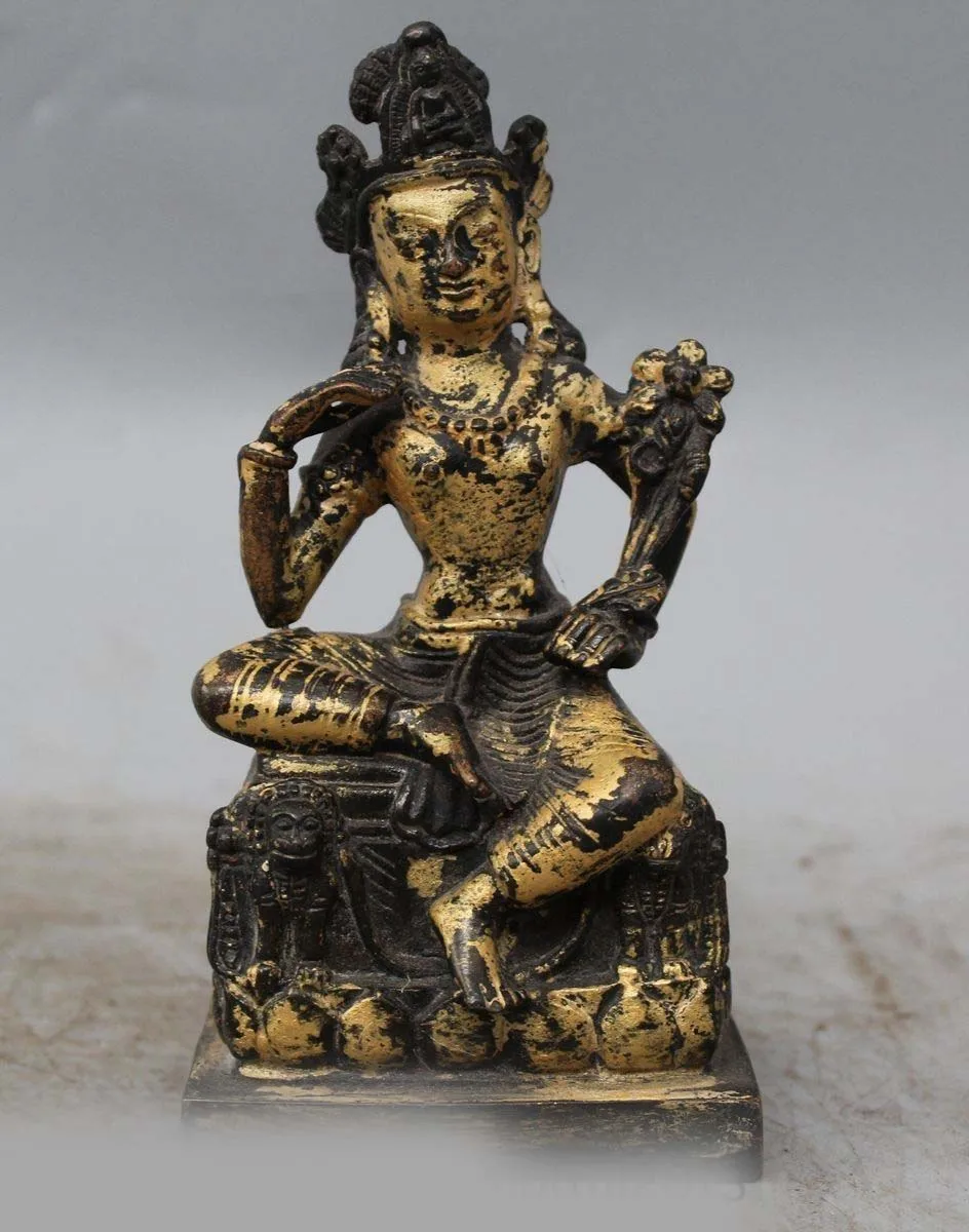 

6" Tibetan Temple Bronze Gilt Seat Green Tara Buddha Mahayana Goddeses Statue