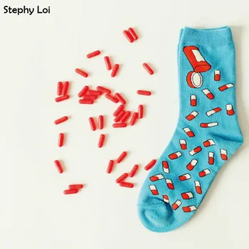 

Cute Men/Women Cotton Crew Socks Funny Pill Pattern Novelty for Couple Art Harajuku Hip Hop Skate Designer Brand Fuzzy