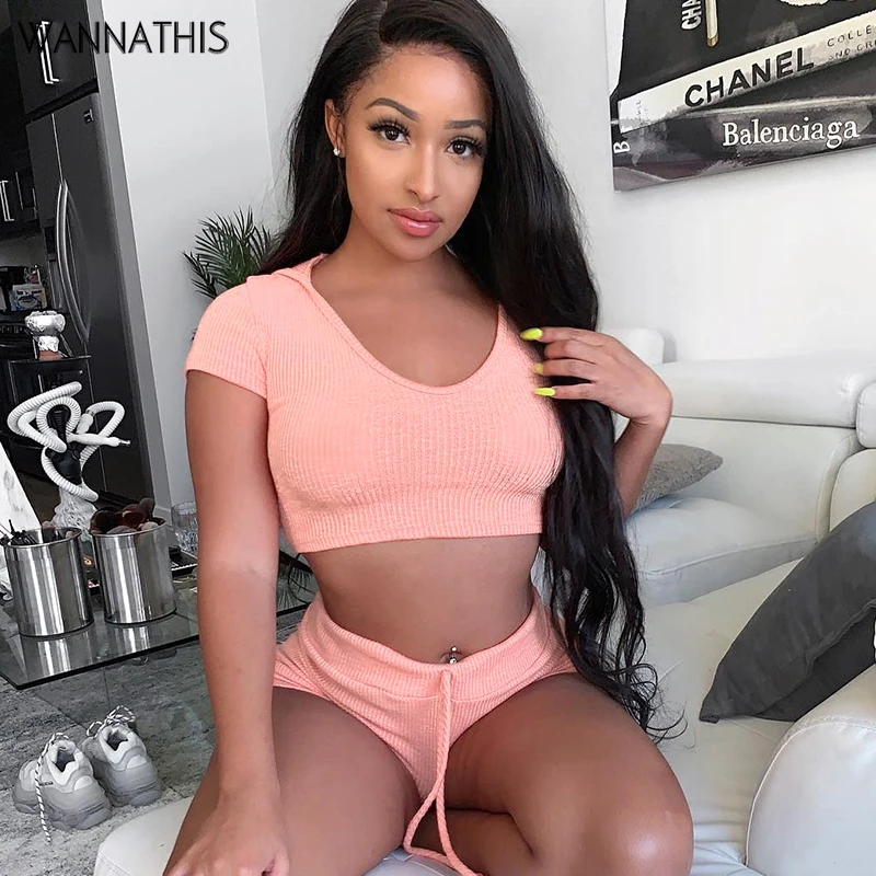

WannaThis Two Piece Sets Women Hoodies Crop Top High Waist Shorts Elastic Rib-knit Bodycon Short Sleeve Pink Outfit 2 Piece Sets
