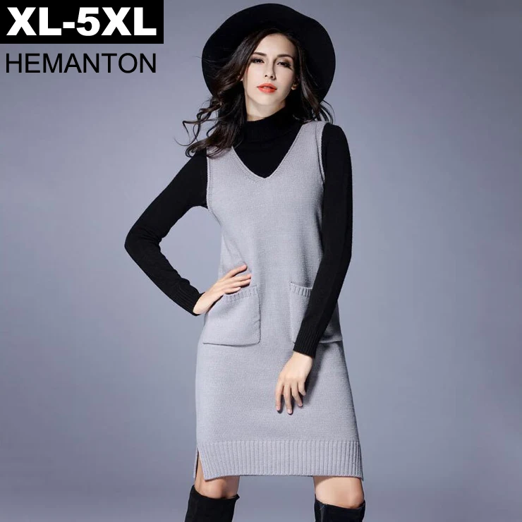 Gray Sleeveless V Neck Knitted Sweater Dress 2018 Autumn Winter Pockets