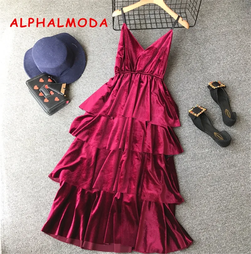 ALPHALMODA Retro Velvet Cake Dress High Waist V Collar Women Cute Vestidos De Fiesta Solid Female Medium Long Party Vestidos